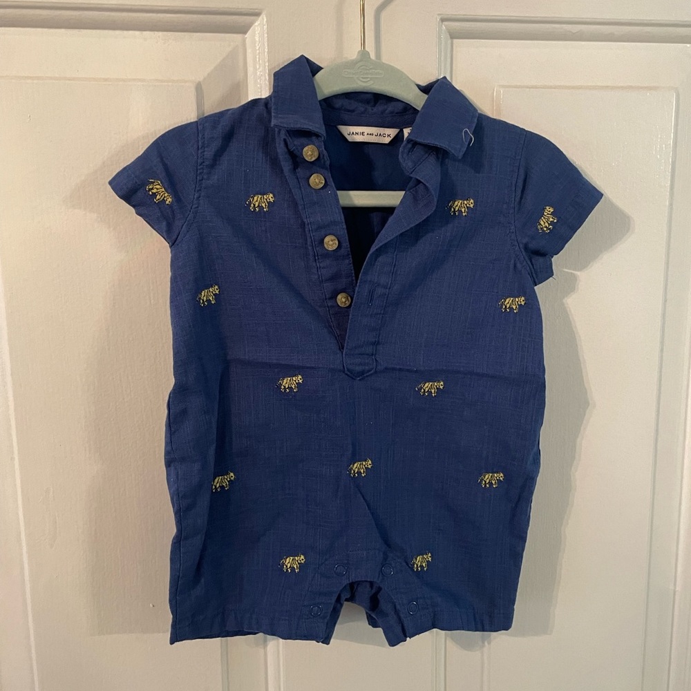 Janie and Jack - Collared Romper, Navy Blue with Tigers - 0-3M